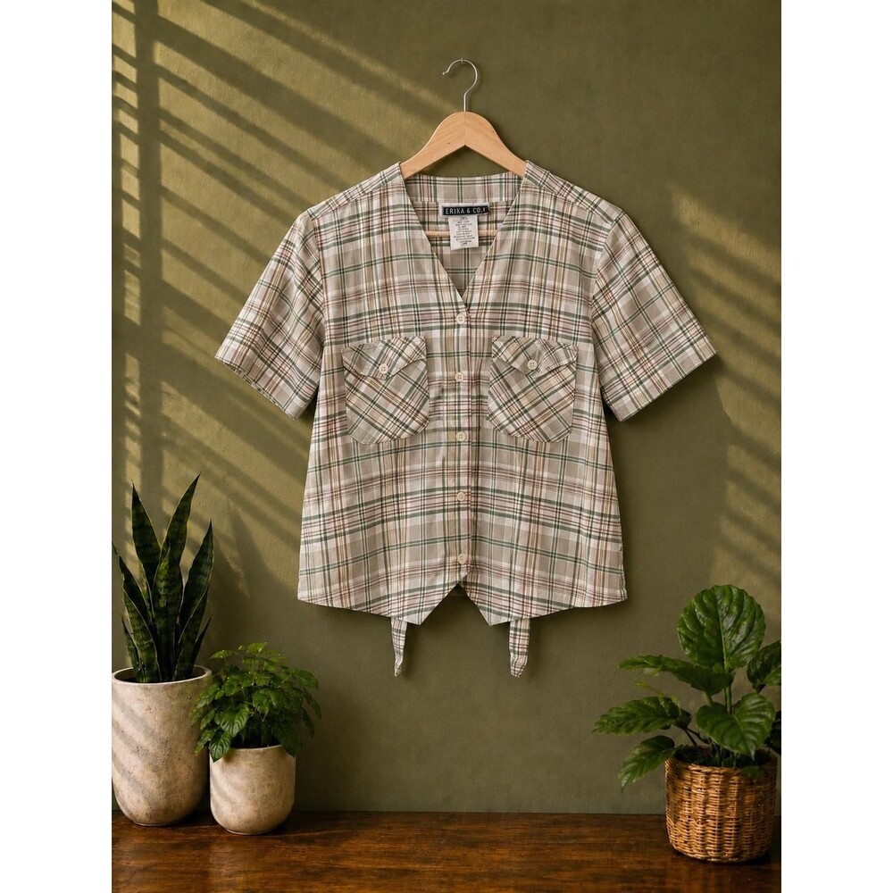 Vintage 90s Erika & Co Plaid Cropped Blouse Back Tie Cottagecore Shirt